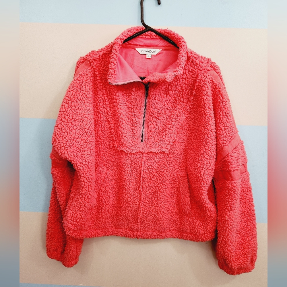 Davi & Dani Oversized Neon Pink Solid Long Sleeve Half Zip-Up Jacket - Picture 7 of 9